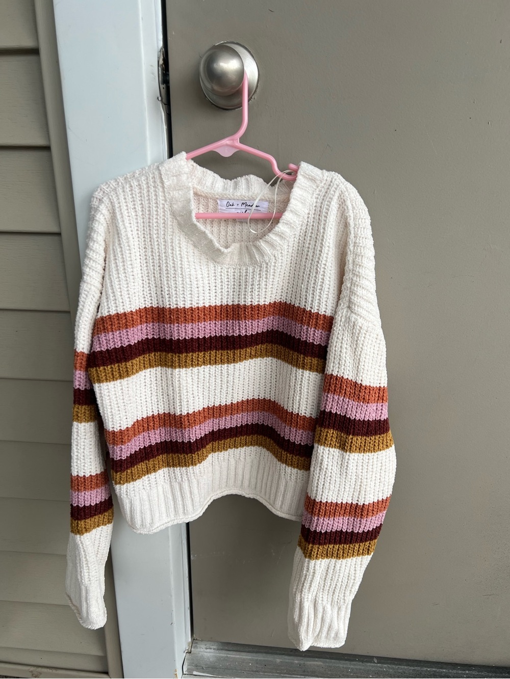 Out of Print Cream Sweater with Pink, Rust & Mustard Stripes